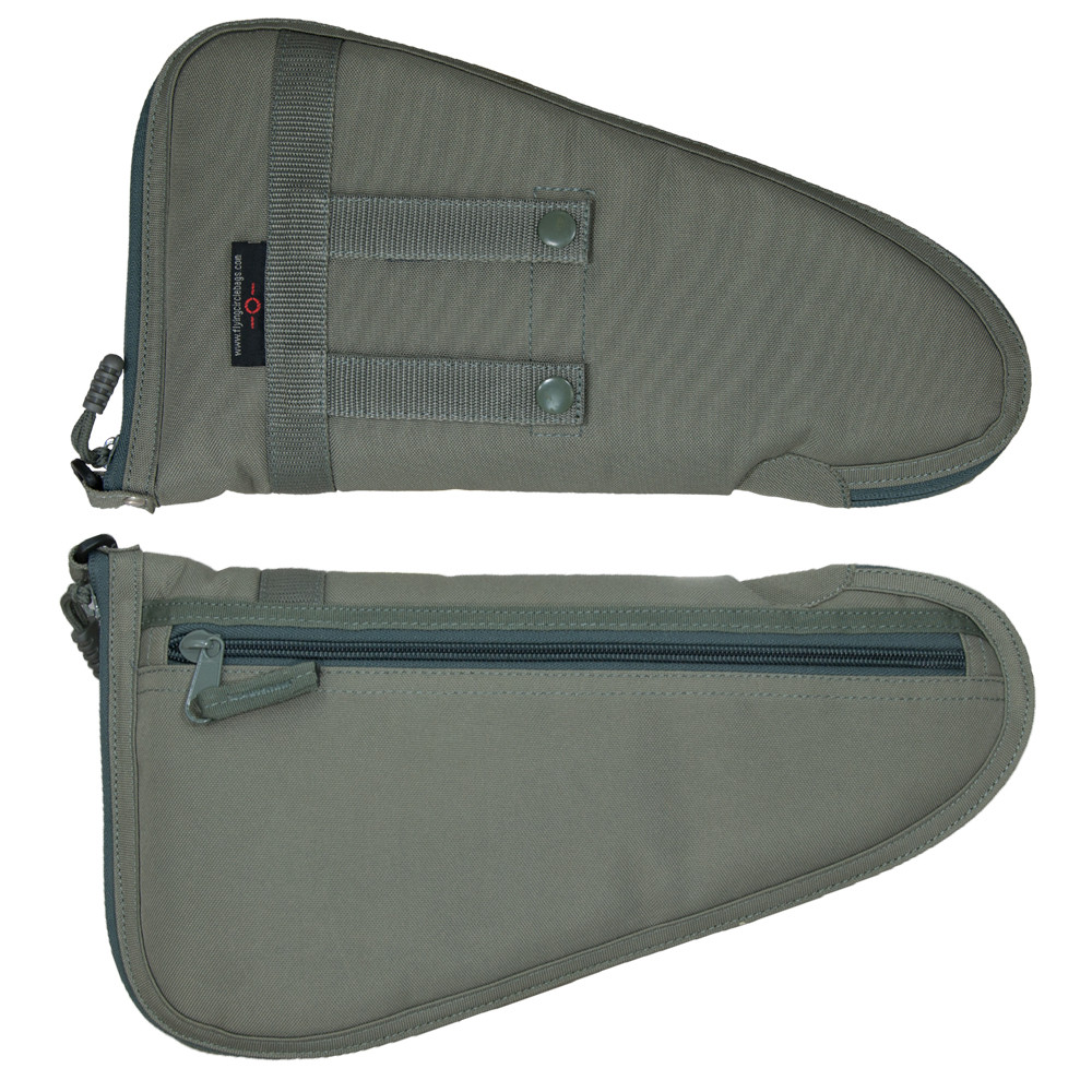 Front and back sides shown of Large Tactical Pistol Rug in foliage.  One side has snap loops to secure onto MOLLE webbing and the other size has a zippered pocket.  