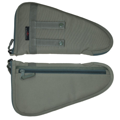 Front and back sides shown of Large Tactical Pistol Rug in foliage.  One side has snap loops to secure onto MOLLE webbing and the other size has a zippered pocket.  