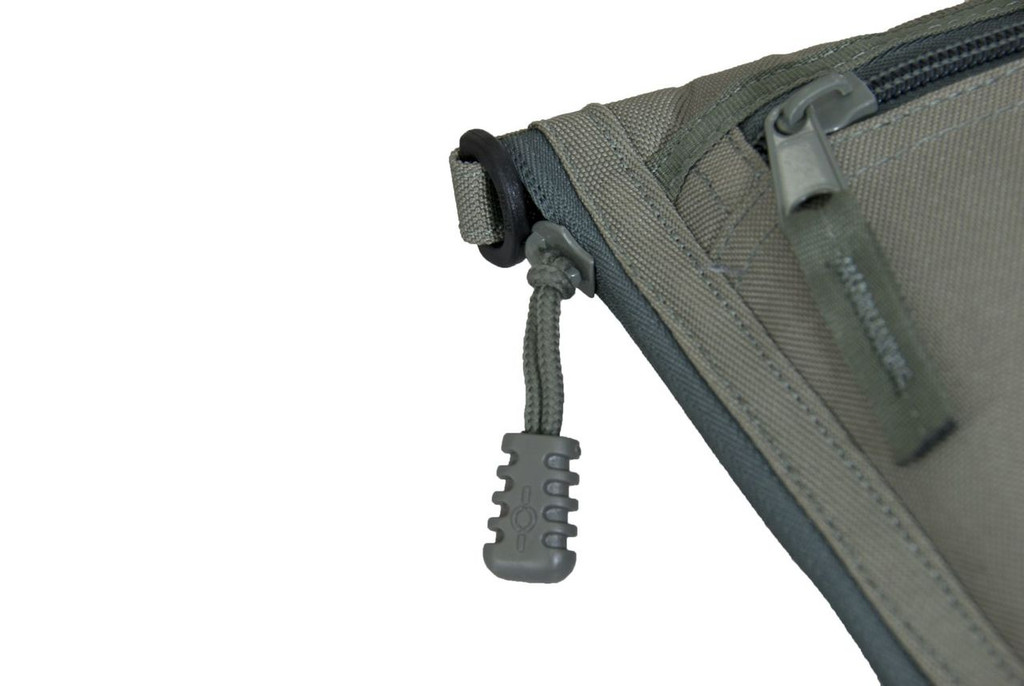 Close up of tactile zipper pulls.