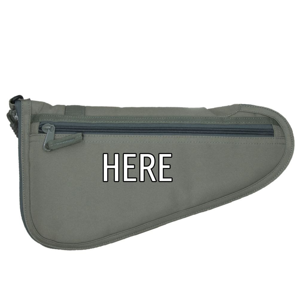 Monogram placement shown on Large Tactical Pistol Rug in foliage under side zippered pocket.