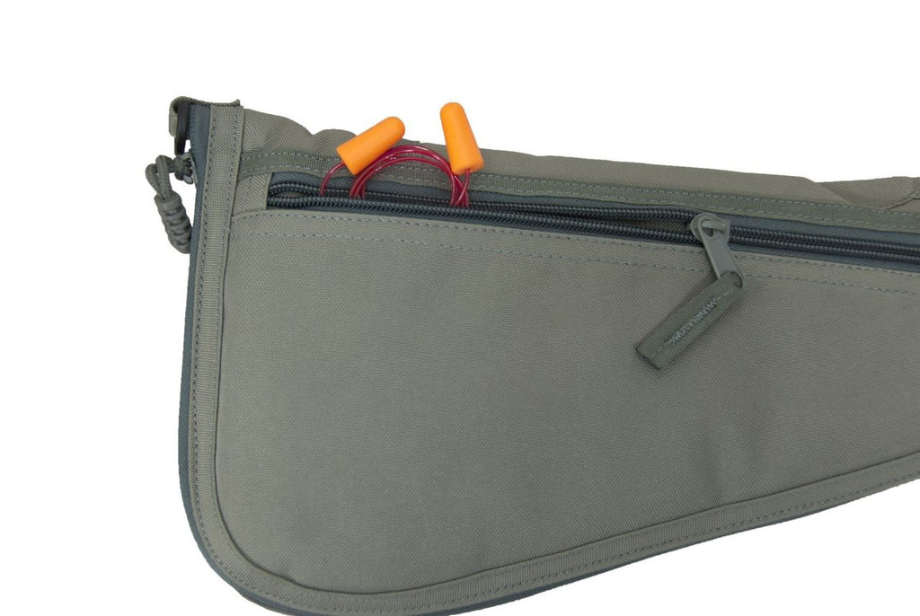 Side zippered pocket unzipped with ear plugs.