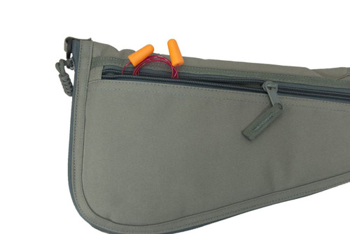 Side zippered pocket unzipped with ear plugs.