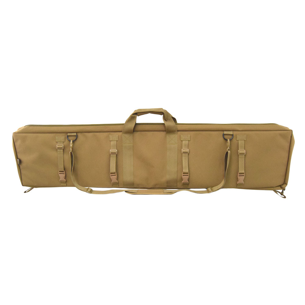 Back of coyote brown Single Rifle Case with unique 4 point Vehicle Attachment System with adjustable webbing and side release buckles to secure the case to a SUV/ATV roll cage or cargo rack, keeping the rifle safe, yet easily accessible.