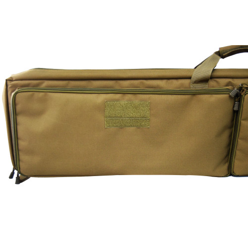 Close up of Velcro® strip on one of the exterior pockets of the coyote brown Single Rifle Case that offer endless personalization options.