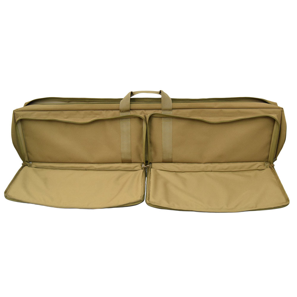 Two large 25” w x 10” h x 2” d exterior pockets opened on the coyote brown Single Rifle Case with 180-degree zippers can hold a variety of gear.