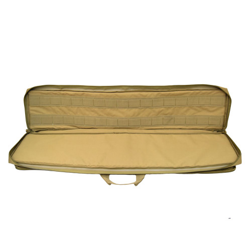 Coyote brown Single Rifle Case interior opened with thick padding on both sides of the weapon compartment for superior protection and MOLLE webbing and Velcro® loops inside.