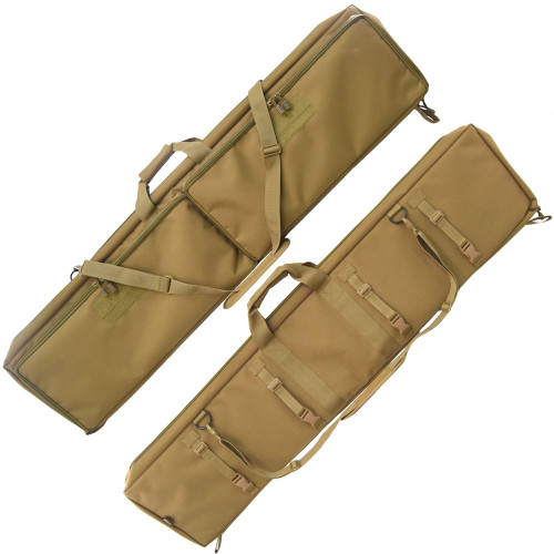 Two coyote brown Single Rifle Cases, one of the front with two large pockets and a photo of the back featuring four webbing loops with buckles to use as a Vehicle Attachment System.