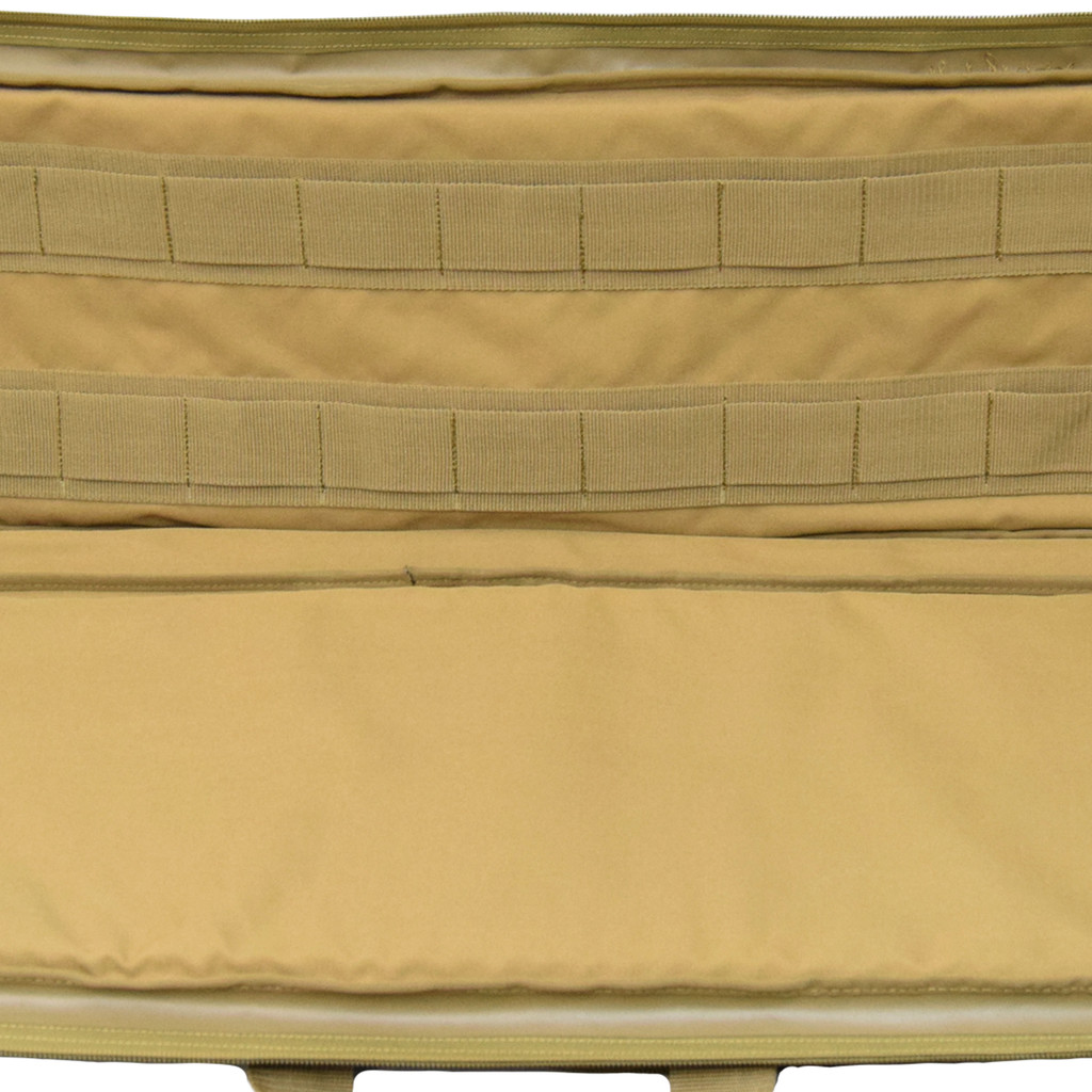 Close up of the coyote brown Single Rifle Case with MOLLE webbing inside to secure firearm in place.