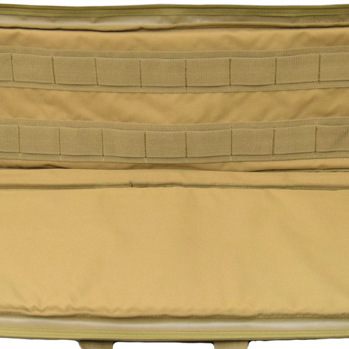 Close up of the coyote brown Single Rifle Case with MOLLE webbing inside to secure firearm in place.