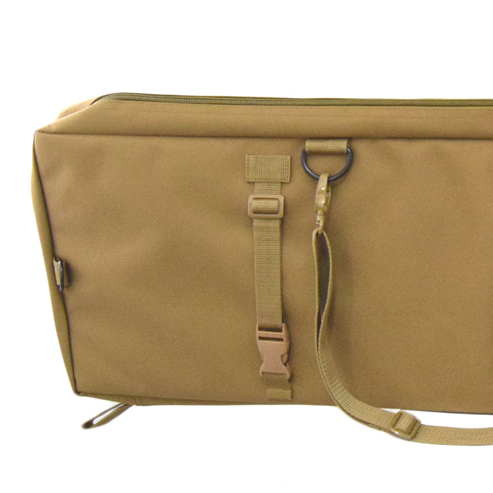 Close up of adjustable side release buckles on coyote brown Single Rifle Case, shoulder strap, &  end loops for hanging & pulling.