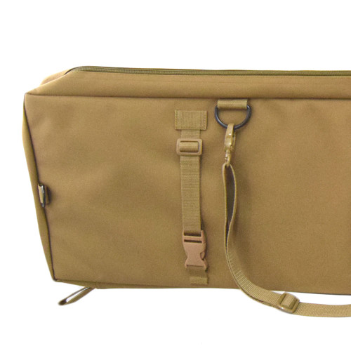 Close up of adjustable side release buckles on coyote brown Single Rifle Case, shoulder strap, &  end loops for hanging & pulling.