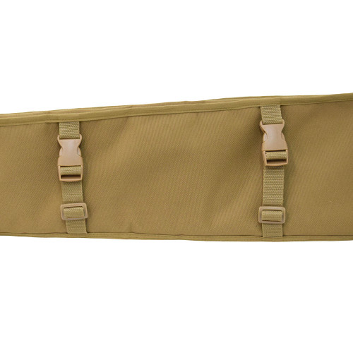 Coyote Brown Shotgun Scabbard close up of the Vehicle Attachment System with two webbing loops and side release buckles.
