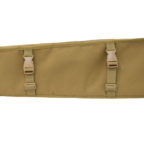 Coyote brown Shotgun Scabbard close up of the Vehicle Attachment System with two webbing loops and side release buckles.