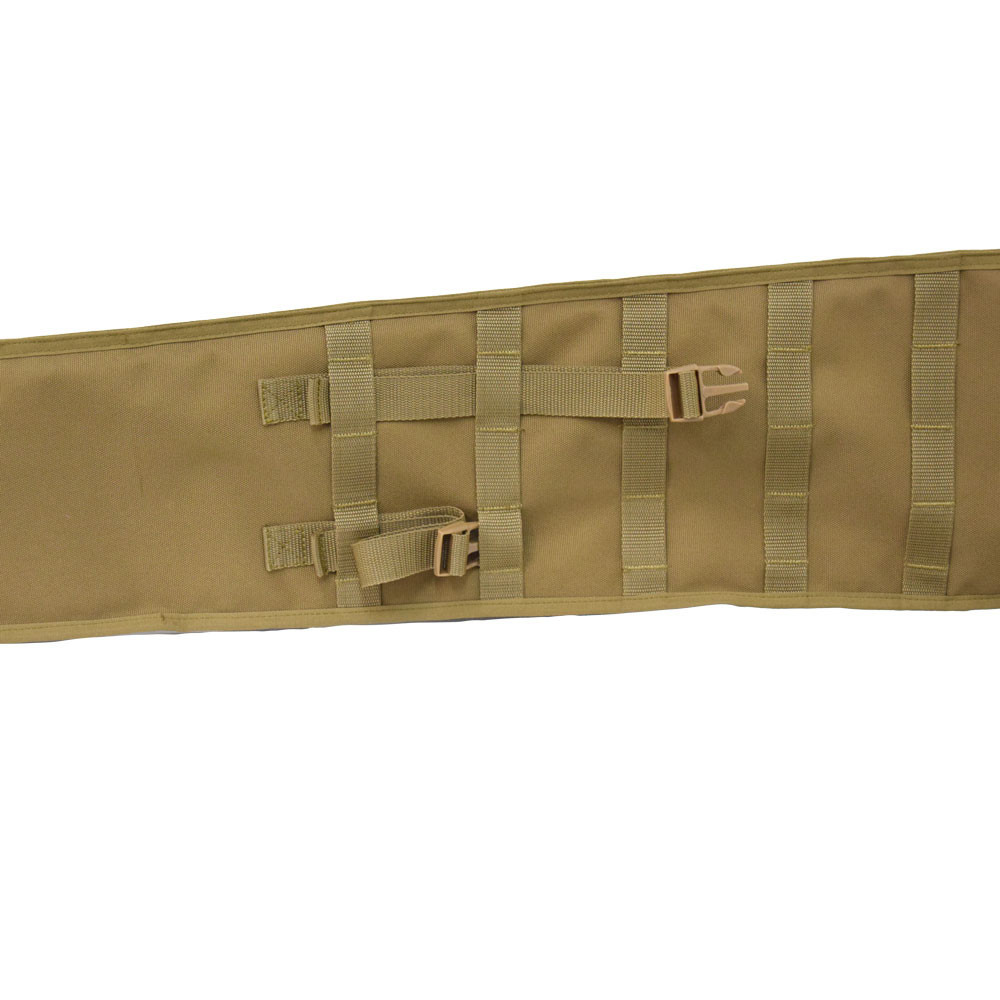 Coyote Brown Shotgun Scabbard close up of the adjustable buckles on the top front that can be pulled through MOLLE webbing to close the scabbard.