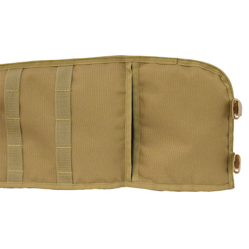 Coyote brown Shotgun Scabbard close up of the open closure flap at top that can be folded over and fastened with adjustable buckles to protect entire shotgun.