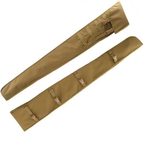 Two coyote brown Shotgun Scabbards, one of the front with top flap folded over and clipped to adjustable MOLLE webbing and a photo of the back featuring four webbing loops with buckles to use as a Vehicle Attachment System.