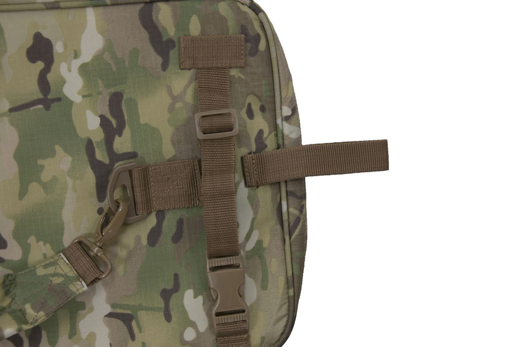 Close up of back of the MultiCam® Scoped Carbine Case showing grab handle, one of the webbing & side release buckles, and hardware for the detachable shoulder strap.