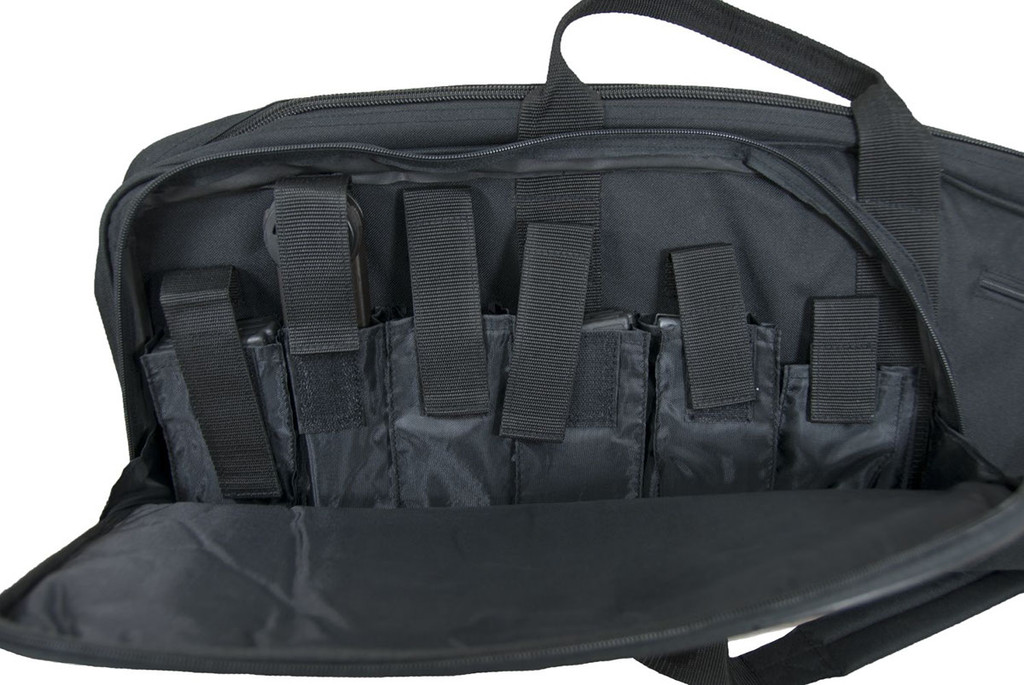 Scoped Carbine Case in black front pocket opened showing 6 double stack mag pouches.