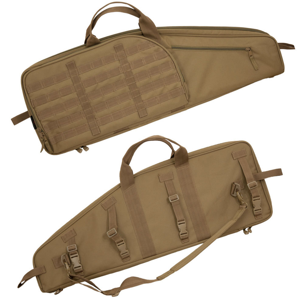 Front and back sides shown of Scoped Carbine Case in coyote brown.  One side has a large pocket with MOLLE webbing and a small pocket and the other side has webbing & side release buckles to secure the case to SUV/ATV roll cage or cargo rack.