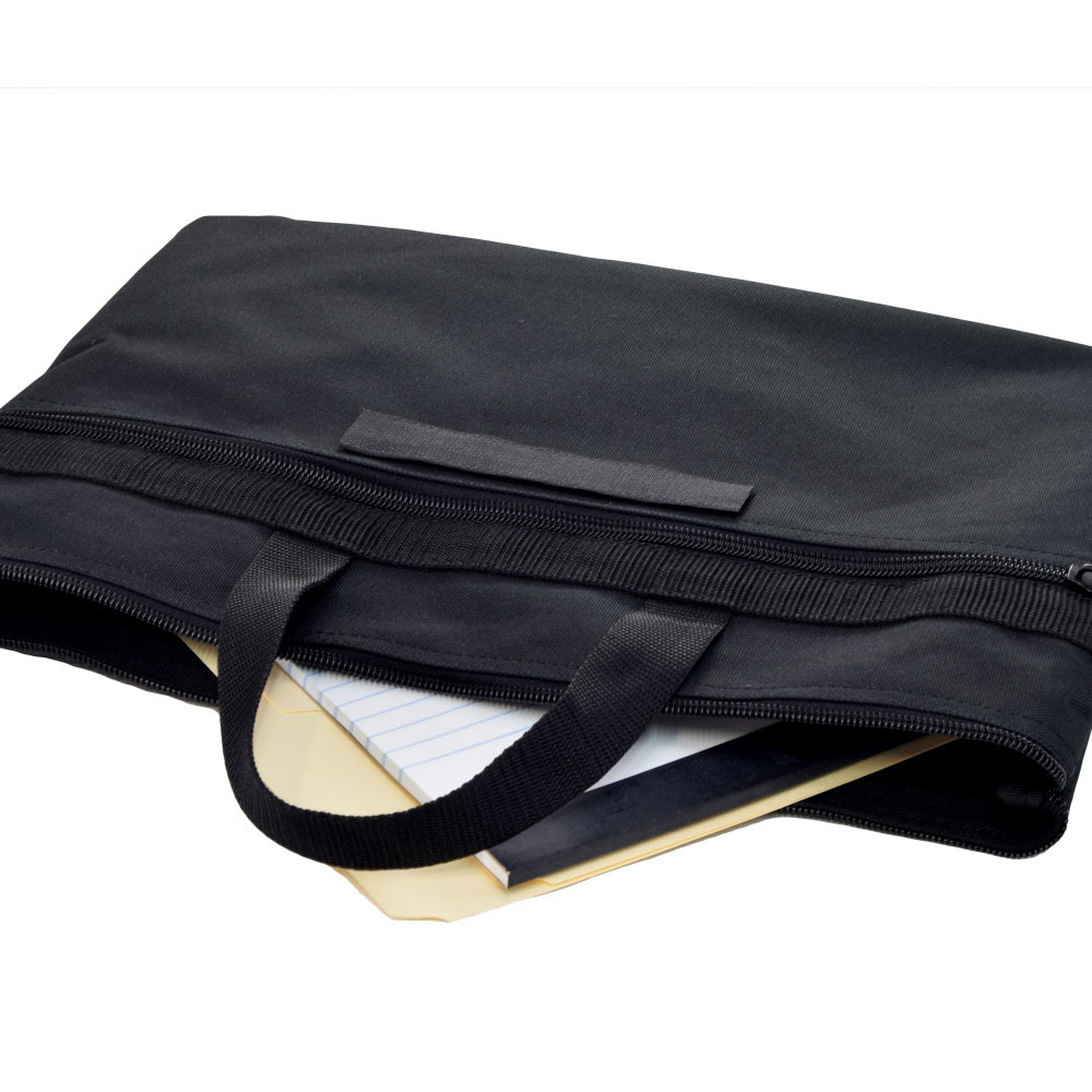 Portfolio Bag in black with folder and notepad in main compartment.