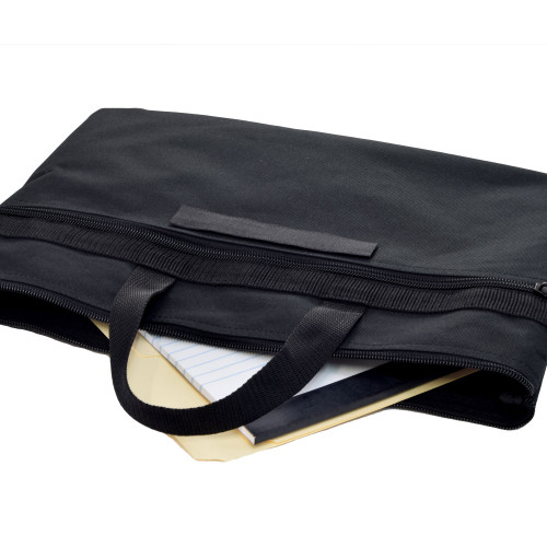 Portfolio Bag in black with folder and notepad in main compartment.