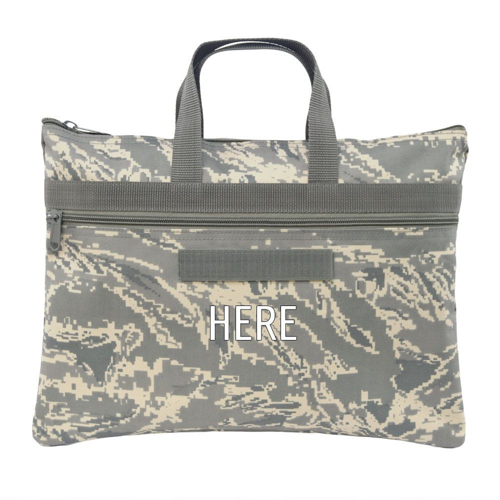 Portfolio Bag in ABU showing monogram placement on front pocket under loop backing strip.