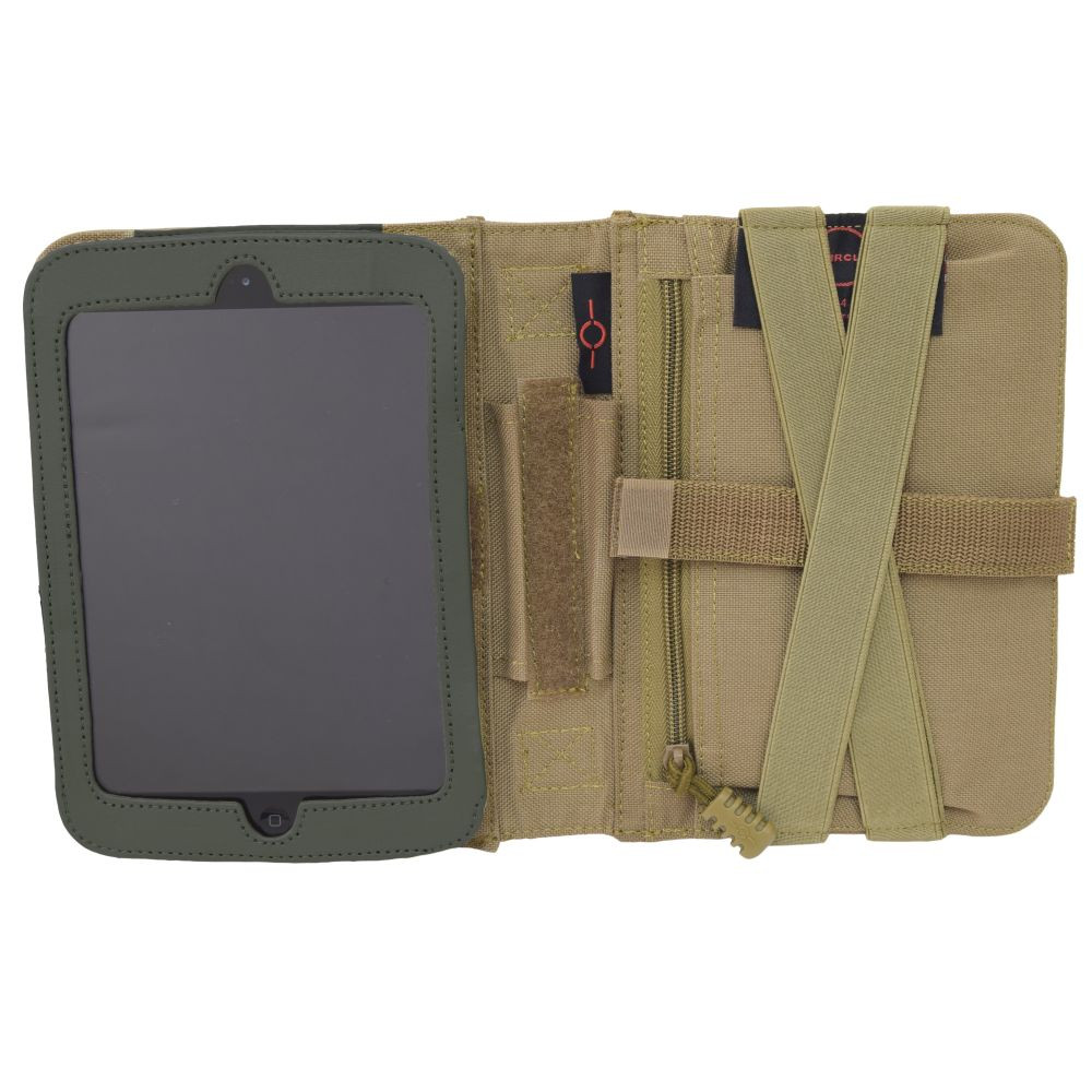 Opened like a notebook with iPad on on the left side and hand straps and zippered pocket on the right side.