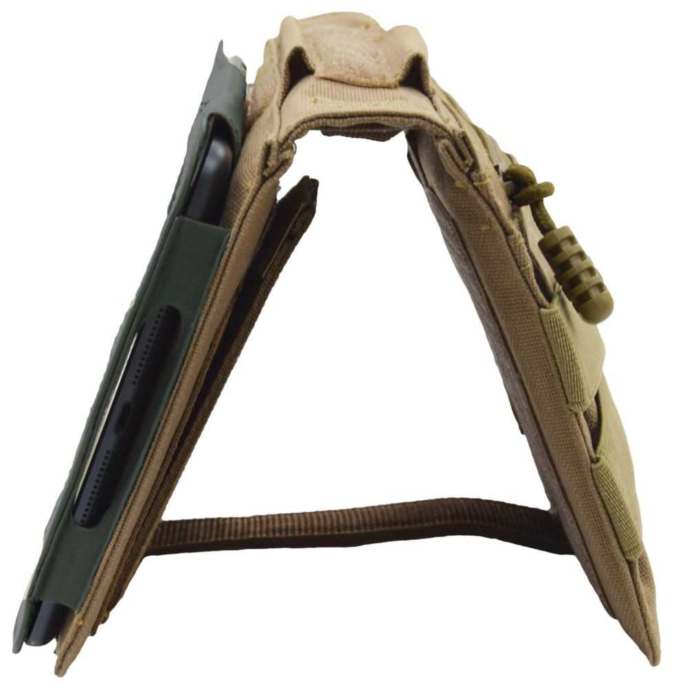 Main closure strap and built-in kick-stand support viewing at multiple angles.