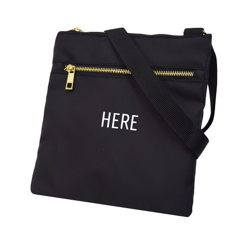 Black Crossbody Bag shown with monogram placement on front pocket.