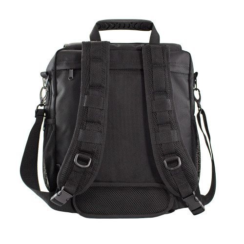 Backpack straps, shoulder strap, and top handle shown on back.