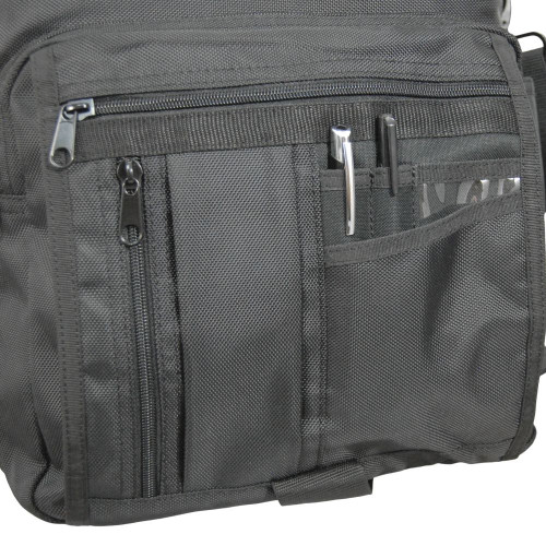 Front section on Business Backpack has 2 small zippered pockets, several slip-in pockets, & a large zippered pocket for a small notepad, electronics, power cords, etc.