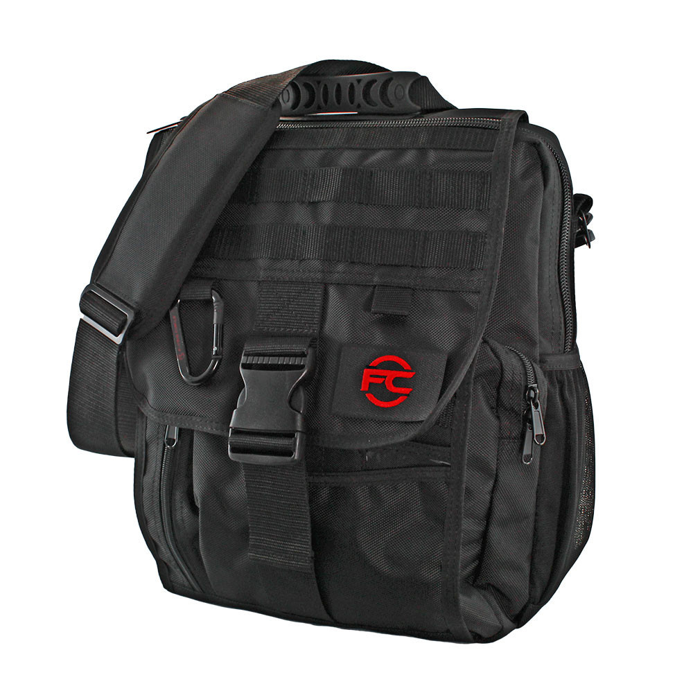 Business Backpack in black with MOLLE webbing on front, carabiner, and removable FC patch on top flap closure with buckle.