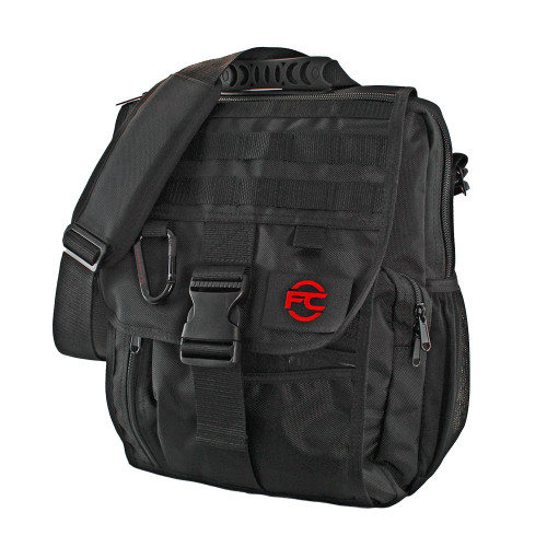 Business Backpack in black with MOLLE webbing on front, carabiner, and removable FC patch on top flap closure with buckle.