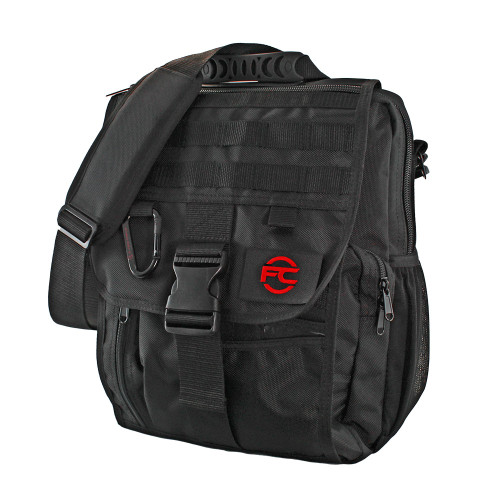 Business Backpack in black with MOLLE webbing on front, carabiner, and removable FC patch on top flap closure with buckle.