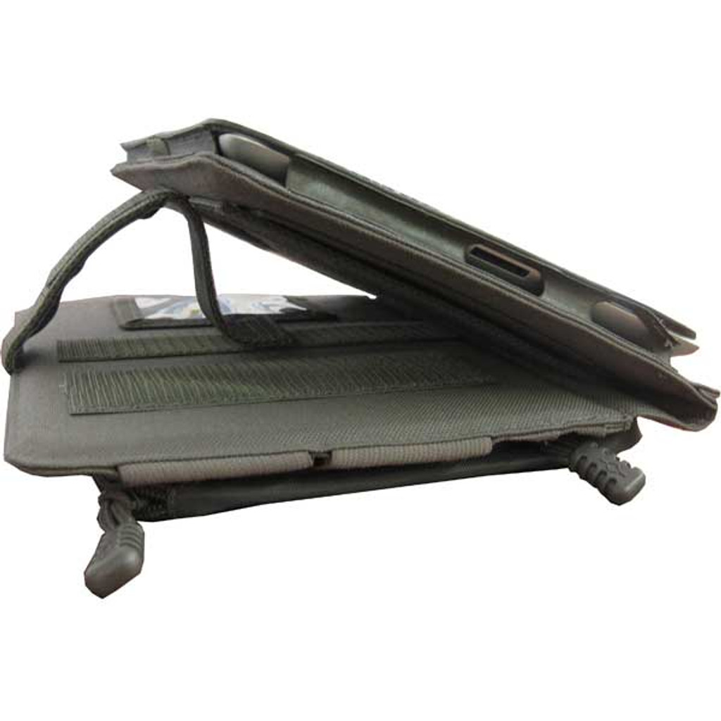 Main closure strap and built-in kick-stand support viewing at multiple angles.