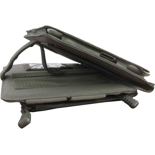 Main closure strap and built-in kick-stand support viewing at multiple angles.