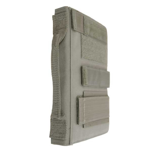 Tactical iPad® Cover in foliage closed shown from side with grab handle and exterior VELCRO® for name tape, flags, or patches.