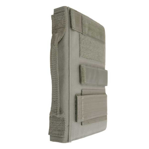 Tactical iPad® Cover in foliage closed shown from side with grab handle and exterior VELCRO® for name tape, flags, or patches.