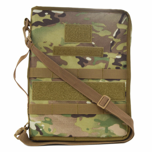 Secret Squirrel Tactical Padfolio in MultiCam® front view with three VELCRO® strips of varying sizes, a couple MOLLE webbing strips, grab handle on side, and shoulder strap.