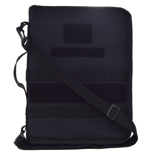 Secret Squirrel Tactical Padfolio in Black front view with three loop backing strips of varying sizes, a couple MOLLE webbing strips, grab handle on side, and shoulder strap.