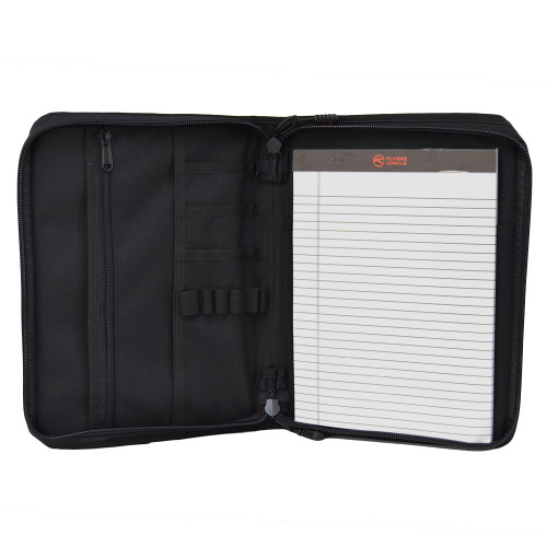 Secret Squirrel Tactical Padfolio in Black opened showing interior with pockets, elastic loops, and notepad.