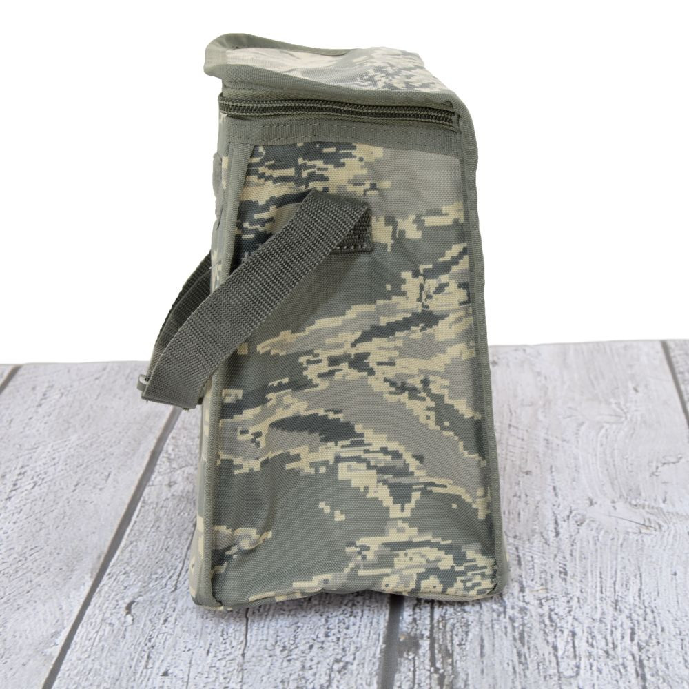 Side view of Lunch Bag in ABU shown with zippered top.