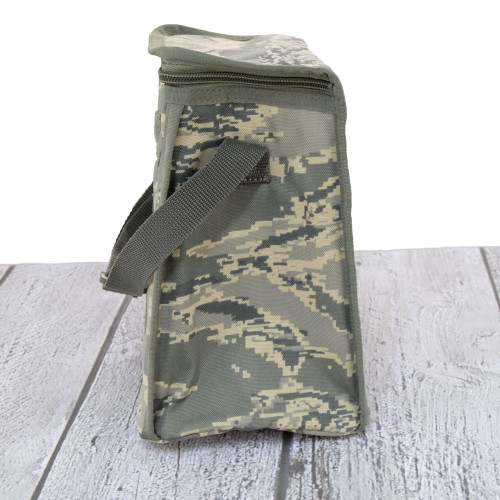 Side view of Lunch Bag in ABU shown with zippered top.