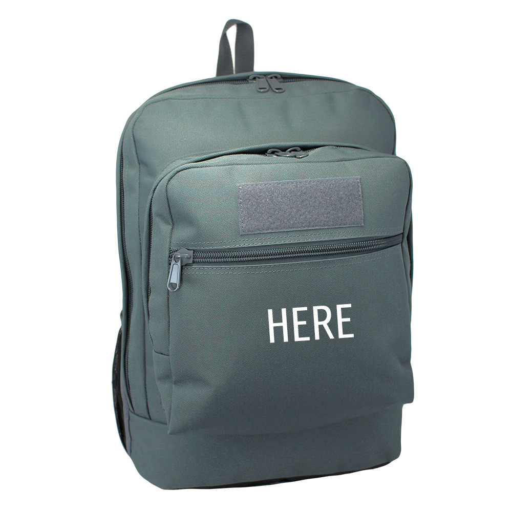 Utility Backpack in gun metal gray monogram placement on smaller front pocket.