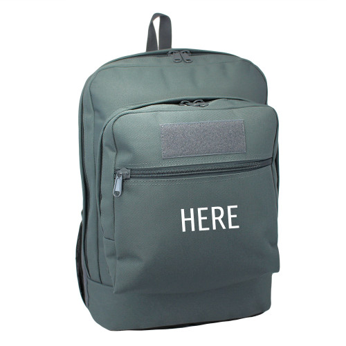 Utility Backpack in gun metal gray monogram placement on smaller front pocket.