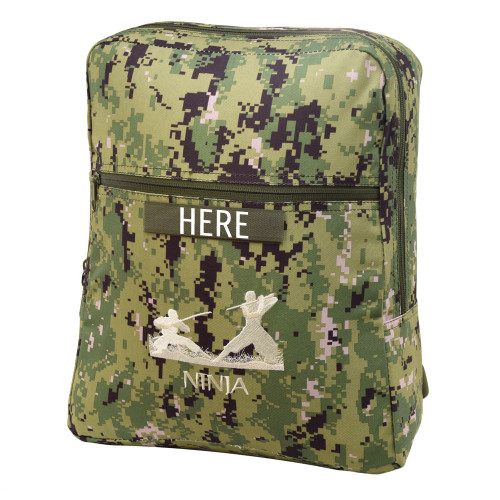 NWU Large Children's Backpack with monogram placement shown on  VELCRO® on front outer pocket above Ninja embroidery.