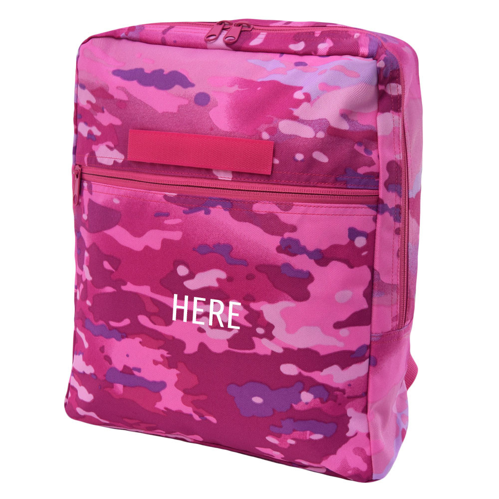 Large Children's Backpack in pink camo with monogram placement shown on front outer pocket.
