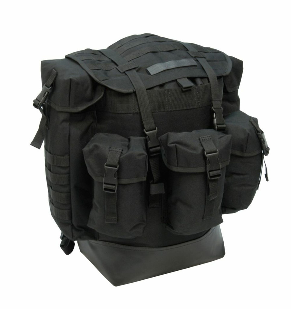 Large Field Pack in black with large main compartment on top with MOLLE webbing and straps with buckles to secure top flap and three pockets across front.