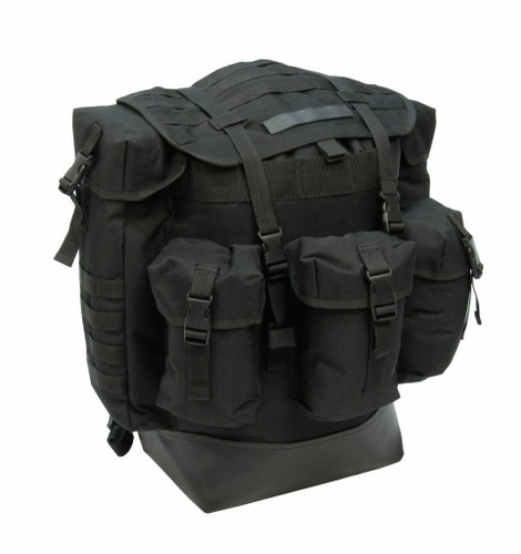 Large Field Pack in black with large main compartment on top with MOLLE webbing and straps with buckles to secure top flap and three pockets across front.