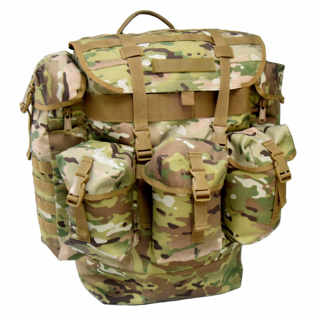 Large Field Pack in MultiCam® with large main zippered compartment on top with MOLLE webbing and straps with buckles to secure top flap and three pockets across front.